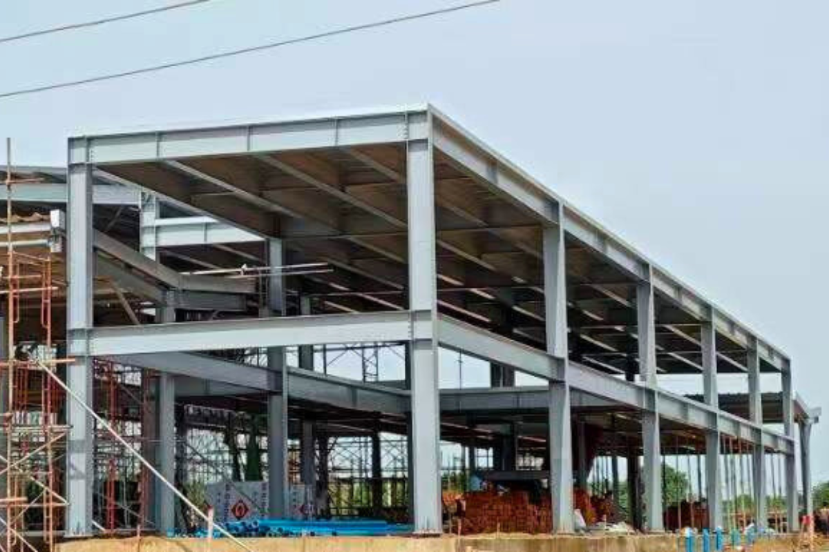 Angle view of the robust steel framework for the Emerald E-Commerce Center in Naypyidaw, Myanmar, showcasing multi-level super structure construction.