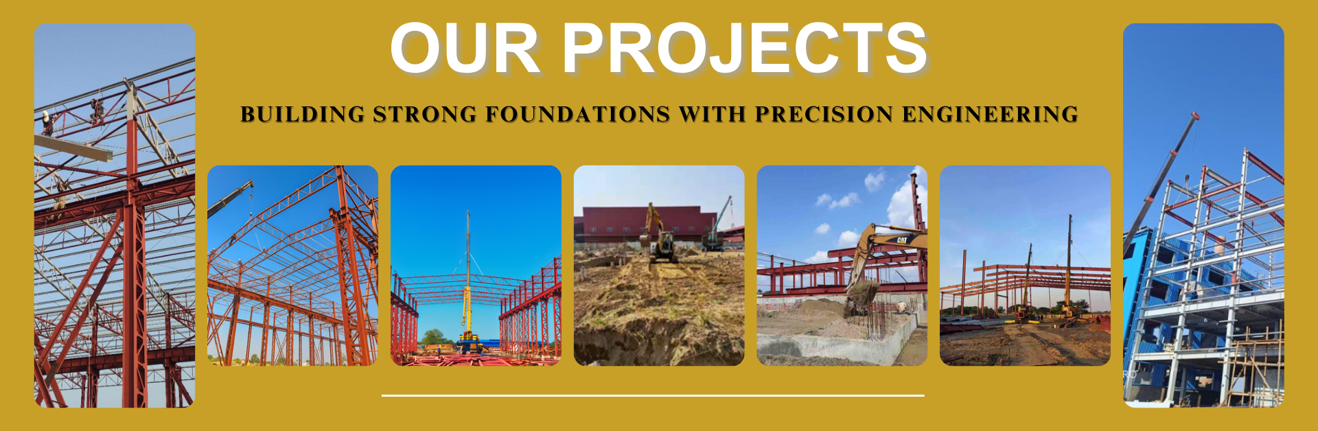 Myanmar Yi Jin's completed construction projects across Myanmar, showcasing industrial and commercial steel structure buildings. Images feature precise engineering, foundation work, and heavy equipment like cranes and excavators
