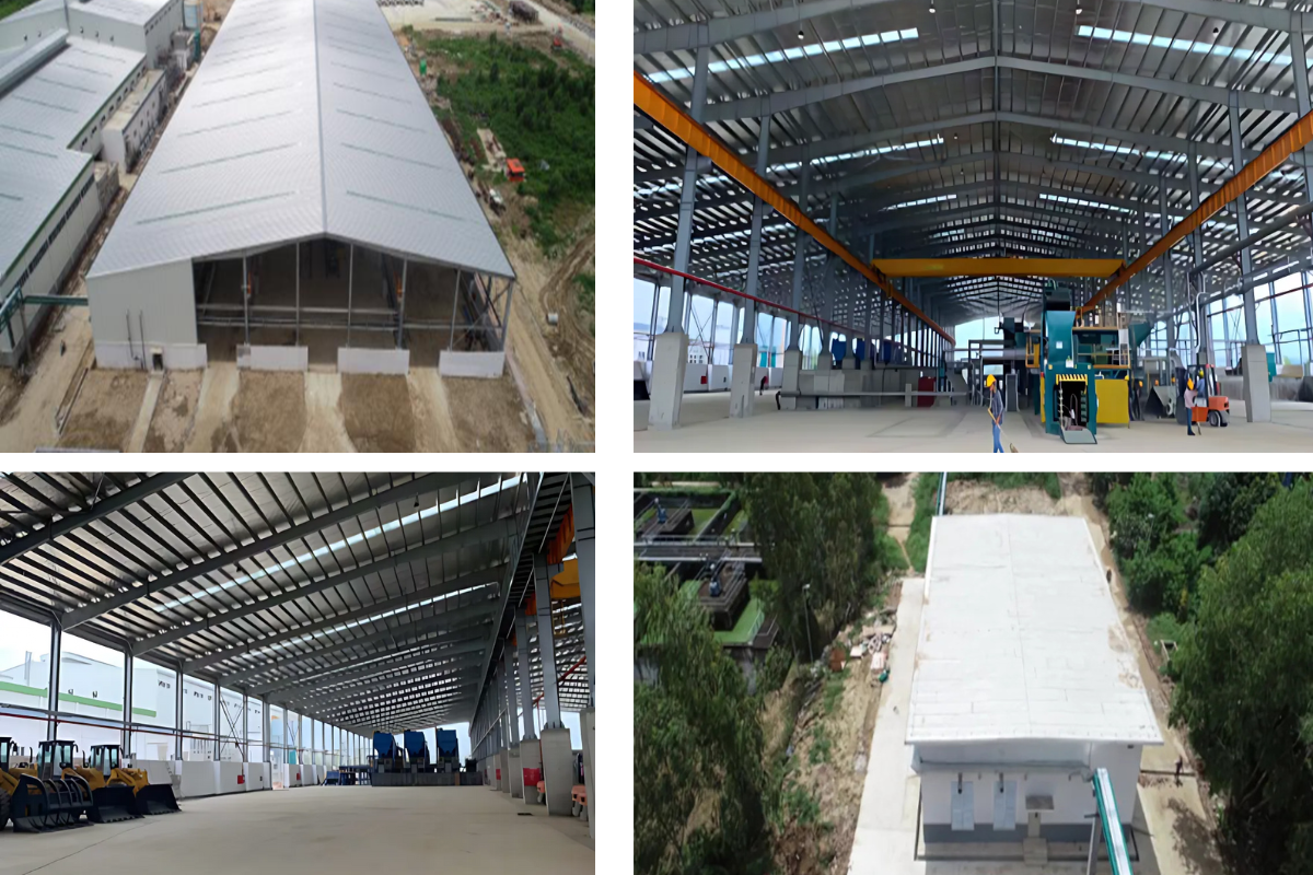 A four-part photo collage of the completed Best Eternity Recycle Pulp and Paper Co., Ltd. facility in Naypyidaw, Myanmar. The images show aerial views of the large steel structure warehouse and interior factory floors with industrial machinery, showcasing the 70,000 square meter construction area of the project's first phase.
