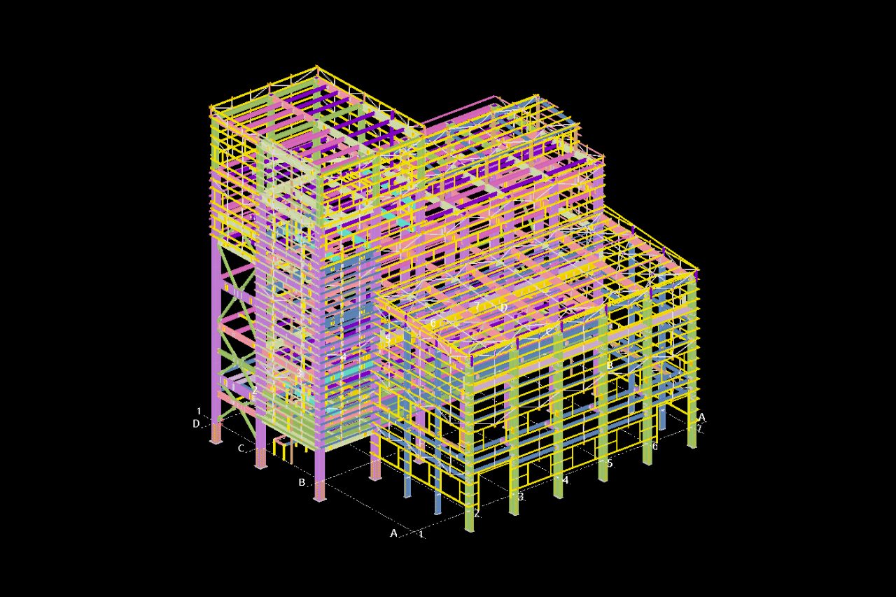 3D wireframe structural model for a steel building designed by Myanmar Yi Jin