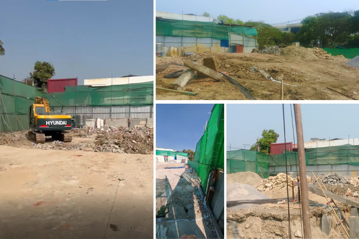Collage showing site preparation for a 4-storey steel structure building in Mandalay, featuring a Hyundai excavator, foundation earthworks, and construction materials for Aung Kan Bo Trading.