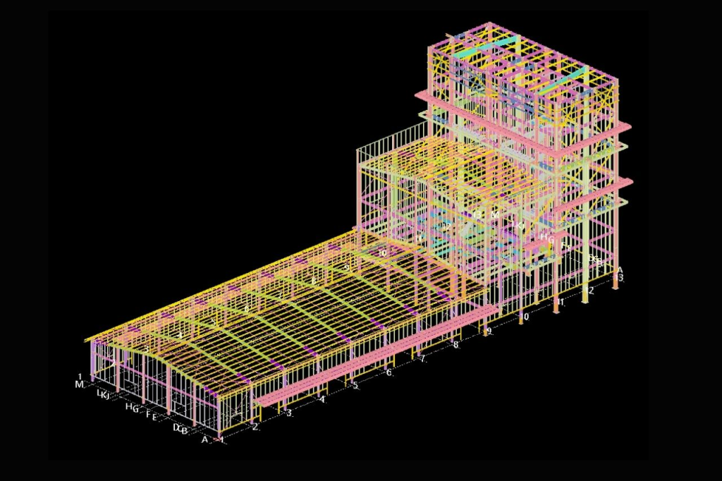 3D wireframe engineering model of a multi-storey industrial steel structure building showing columns and trusses.