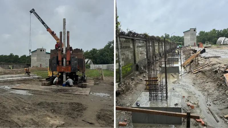 Civil foundation drilling and ground preparation for 60m x 36m x 9m warehouse extension project