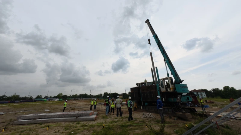 Heavy piling equipment executing foundation works for 26-unit steel structure warehouse by Sae Paing Development Co. Ltd