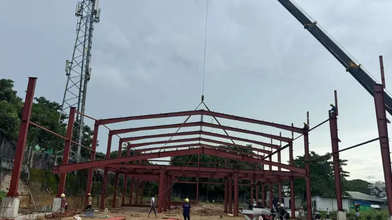 Turnkey steel structure framing installation for commercial car showroom building in Yangon