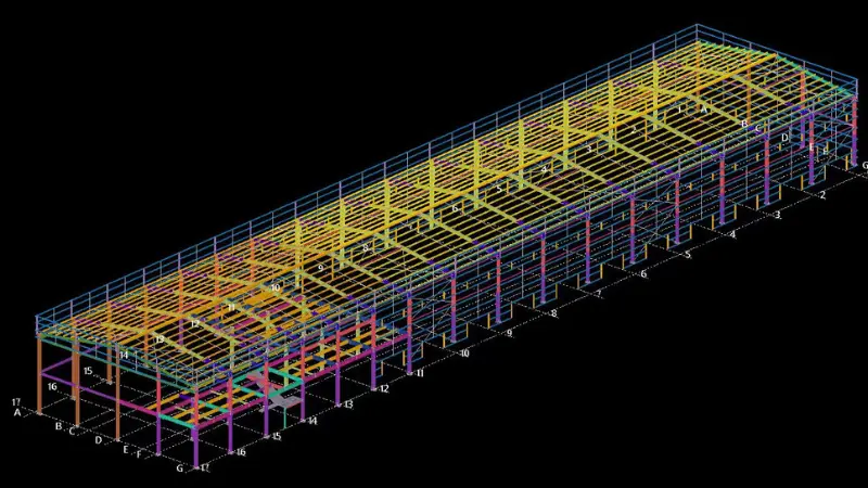 3D structural design model of the 111m x 24m x 11.6m steel frame car showroom and workshop