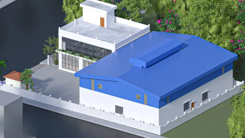 3D structural rendering of 160ft x 80ft x 8m steel warehouse and RCC building for Lwai Ngin Lwai Kham Co. Ltd