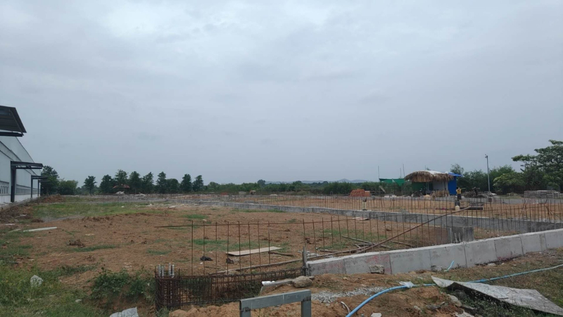 Foundation and ground preparation site for the Aung Kan Bo Truck and Machinery factory extension project in Mandalay.