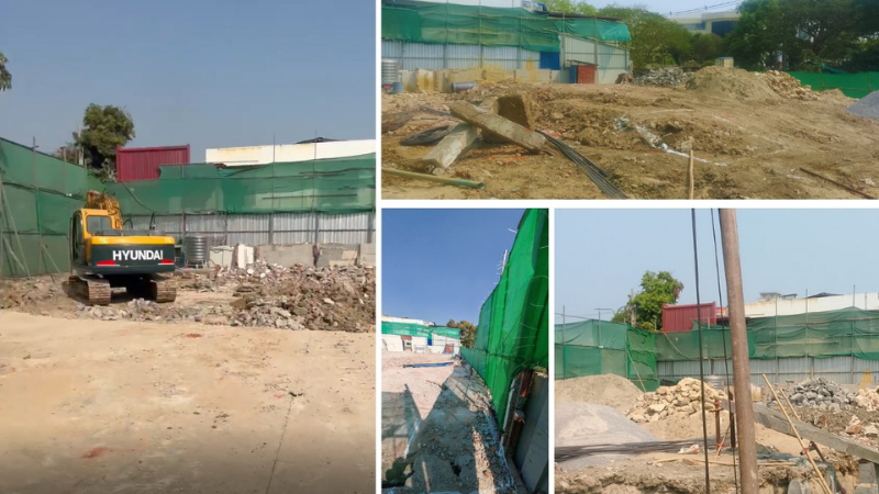 Exterior view of the 28.5m x 21m x 16.5m 4-storey steel structure building project site for Aung Kan Bo Truck and Machinery Company Limited.