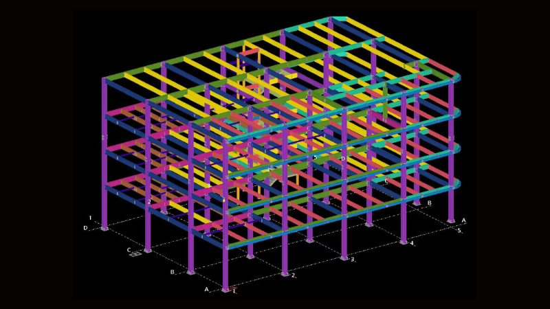 3D structural CAD model rendering of a 4-storey steel structure building skeleton for Aung Kan Bo Truck and Machinery Company Limited in Mandalay.