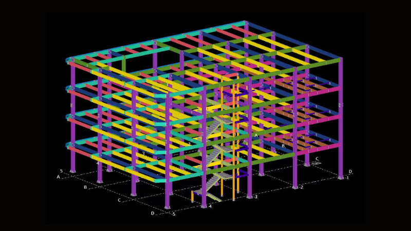 3D structural CAD model rendering of the 4-storey steel structure skeleton for Aung Kan Bo Truck and Machinery Company Limited in Mandalay.