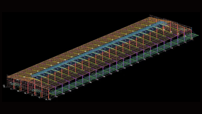 3D structural CAD model rendering of the 168.81m x 42m x 9.8m steel structure assembly workshop for Aung Kan Bo Truck and Machinery Co., Ltd. in Mandalay.