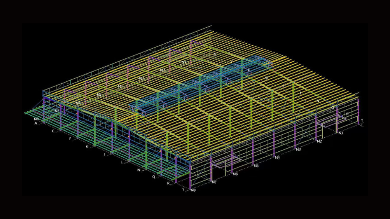 3D structural CAD model rendering of the 47.85m x 60m x 9.8m steel structure painting workshop for Aung Kan Bo Truck and Machinery Co., Ltd. in Mandalay.