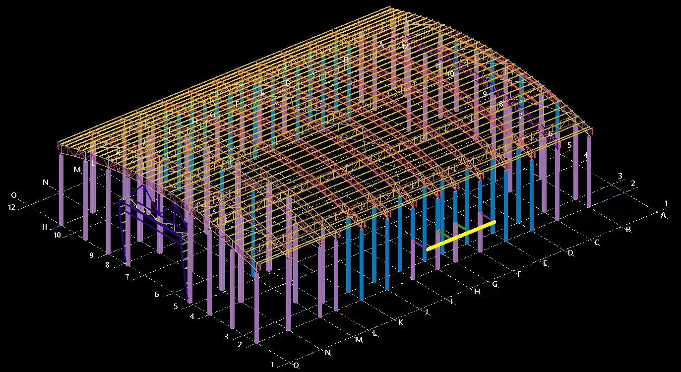 3D structural CAD model for 120ft x 168ft steel frame roof truss system at Dagon University Recreation Center