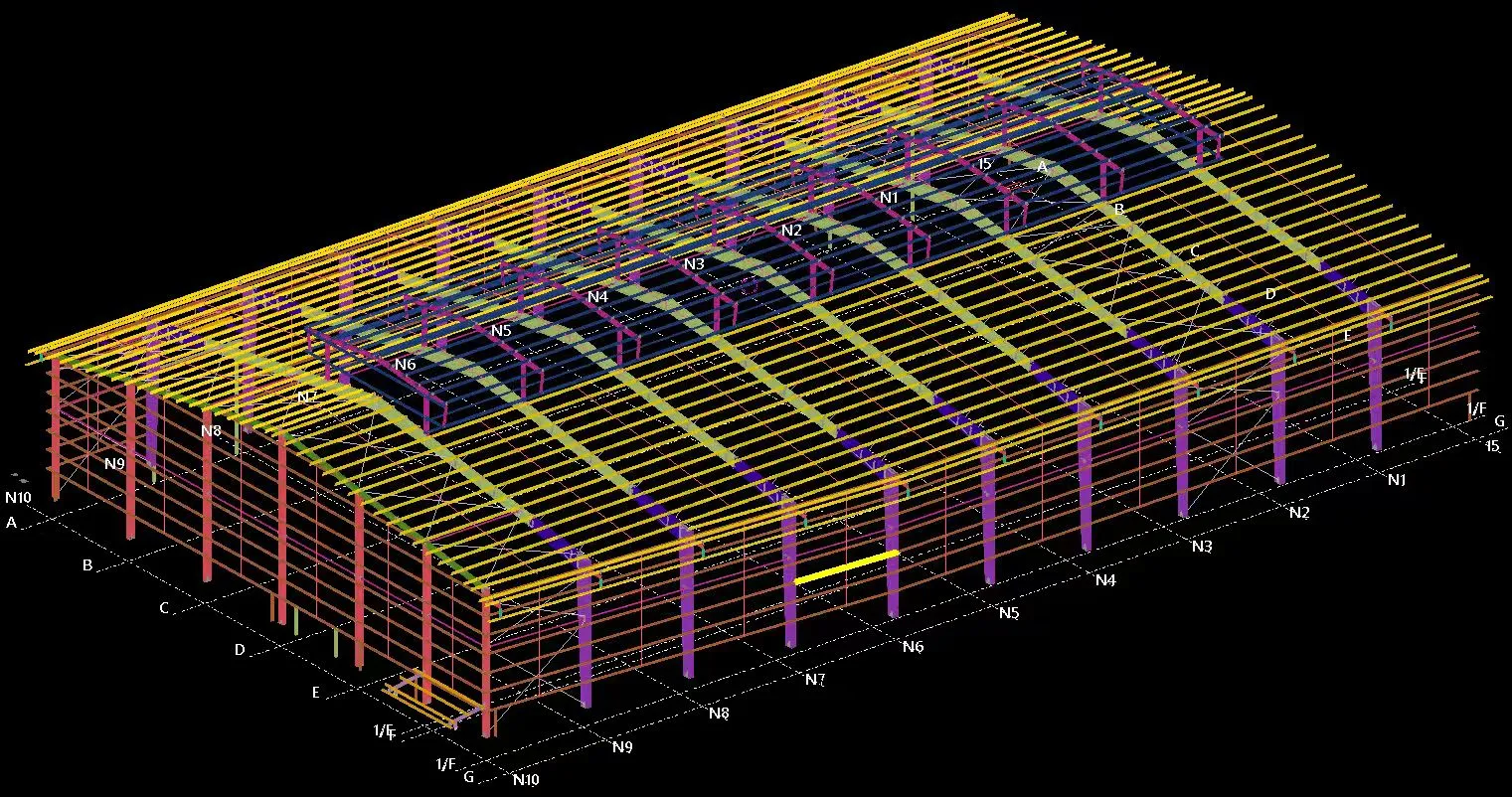 3D structural steel frame design model for Performance Auto International Co. Ltd 60m x 36m x 9m warehouse factory extension in Yangon