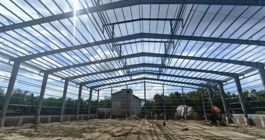 Interior view of structural steel roof framing, purlins, and rafters for the Performance Auto International warehouse extension facility.