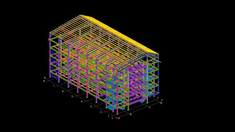 Isometric 3D structural design model showing the complete framing and roof layout of the 5-storey CPEC Private School building.